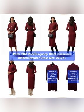 Ports 1961 Red/Burgundy 100% Cashmere Ribbed Sweater Dress Size M/L/XL